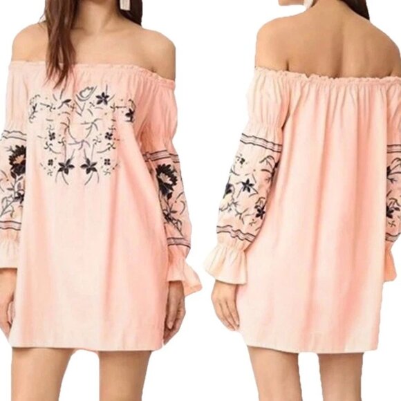 FREE PEOPLE Pink/Peach Fleur Du Jour Embroidered Cotton Shift Mini Dress Sz L - Picture 3 of 11